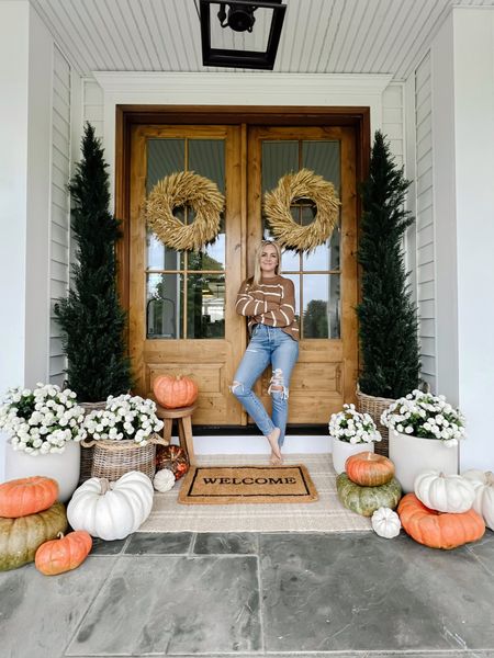 Fall Front Porch Decor | Fall Front Door Decorations | Faux Cedar Trees | Faux Mums | Basket Planters USE CODE RED20 for 20% off faux mums!!

#LTKhome #LTKSeasonal