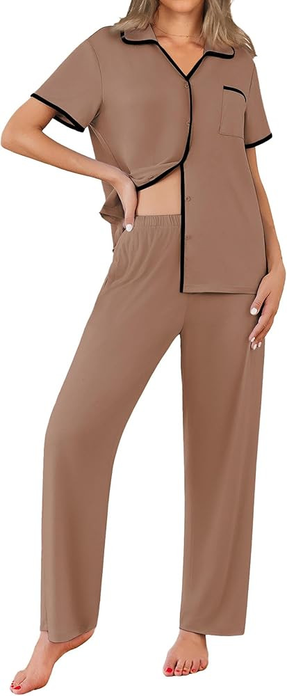 Ekouaer Women Pajamas Set Button Down Notch Collar Soft Short Sleeve Pjs Set with Long Pant Set L... | Amazon (US)