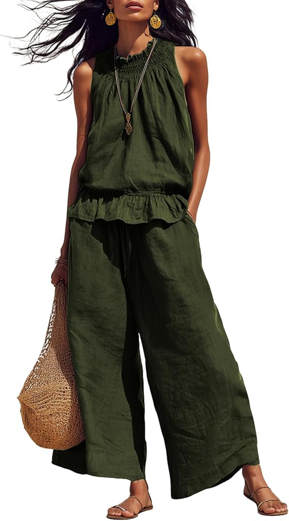 Tanming Women's Linen 2 Piece Outfits Sleeveless Ruffle Top Wide Leg Pants Summer Loungewear Beac... | Amazon (US)