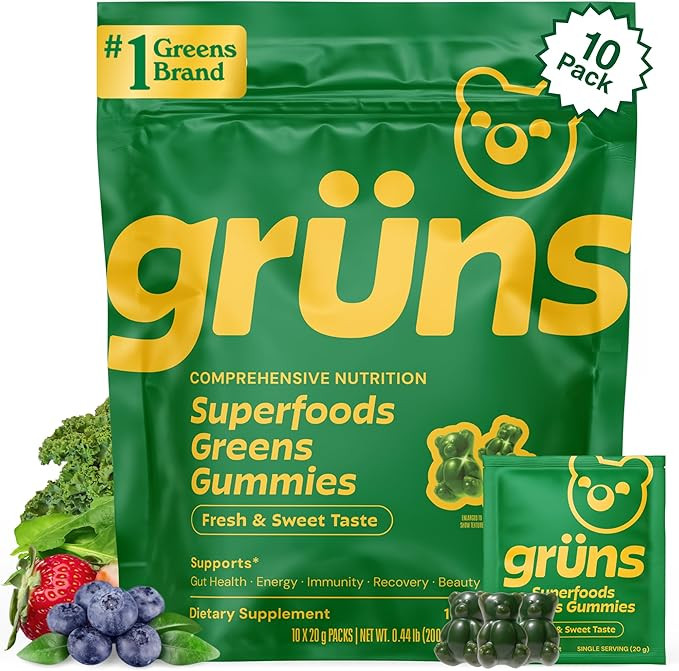 Gruns Adults Super Greens Gummies, Multivitamin Superfood Gummy Bears, Spirulina, Chlorella, Preb... | Amazon (US)