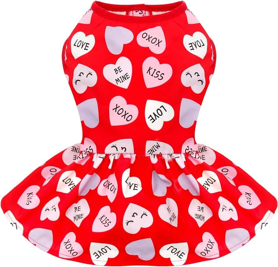 cyeollo Dog Dress Valentines Day XXOO Pet Clothes Outfit Heart Pattern Chiffon Skirt Girl Dog Hol... | Amazon (US)