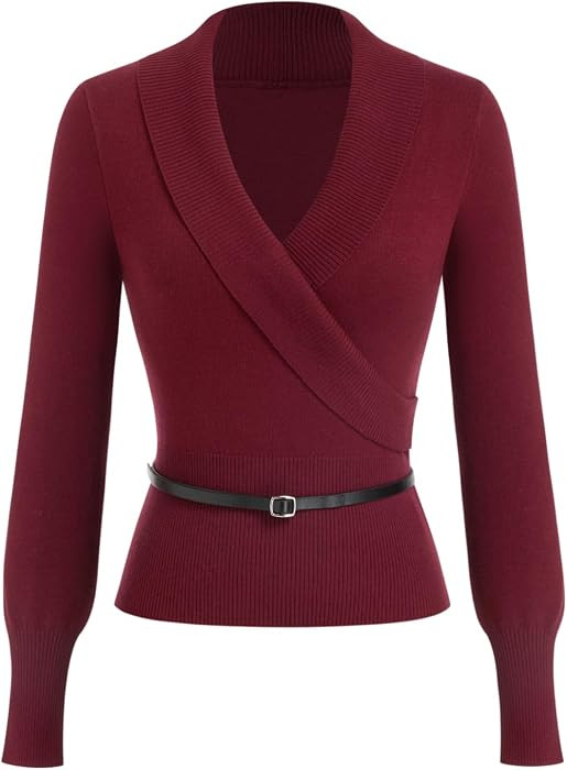 CIDER Cropped Wrap Knit Sweater Women Long Sleeve Belted Pullover | Amazon (US)