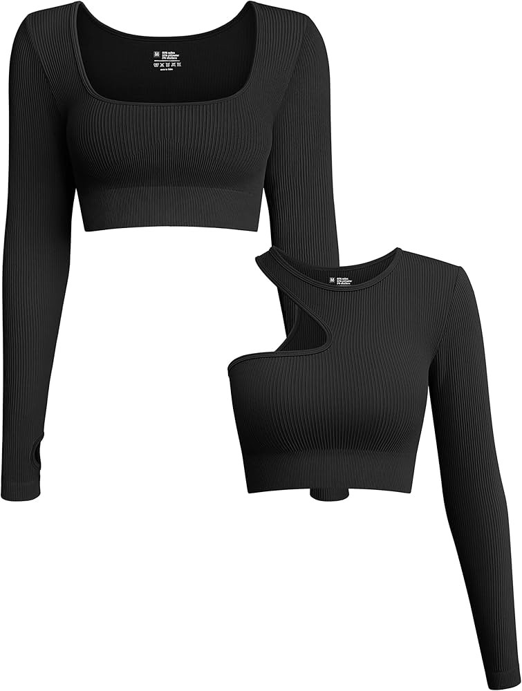OQQ Women's 2 Piece Crop Top Ribbed Seamless Workout Exercise Yoga Basic Long Sleeve Crop Tops | Amazon (US)