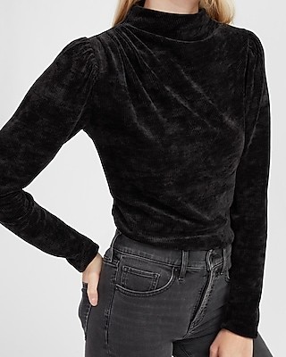 Supersoft Chenille Ruched Shoulder Mock Neck Tee | Express