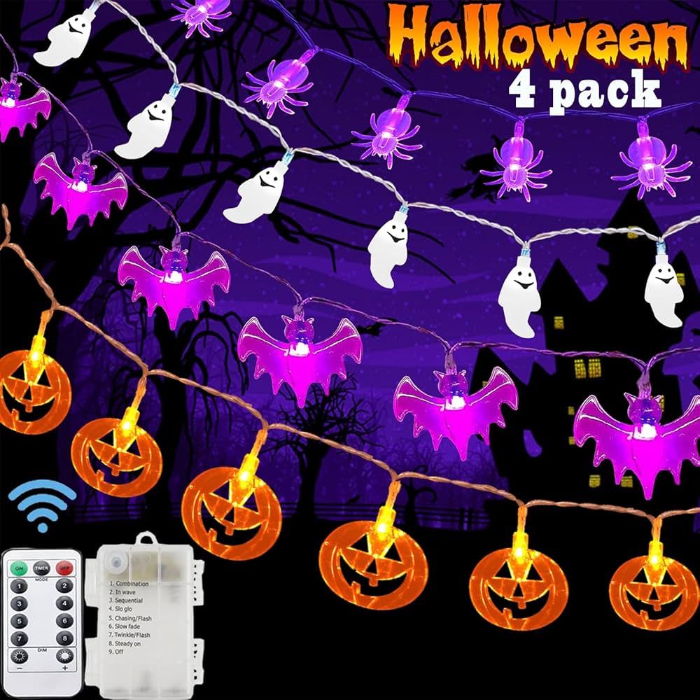 Halloween Lights,4 Pack 20LED/8.2FT 3D Spider Pumpkin Ghost Bat Battery Operated Halloween Lights... | Amazon (US)