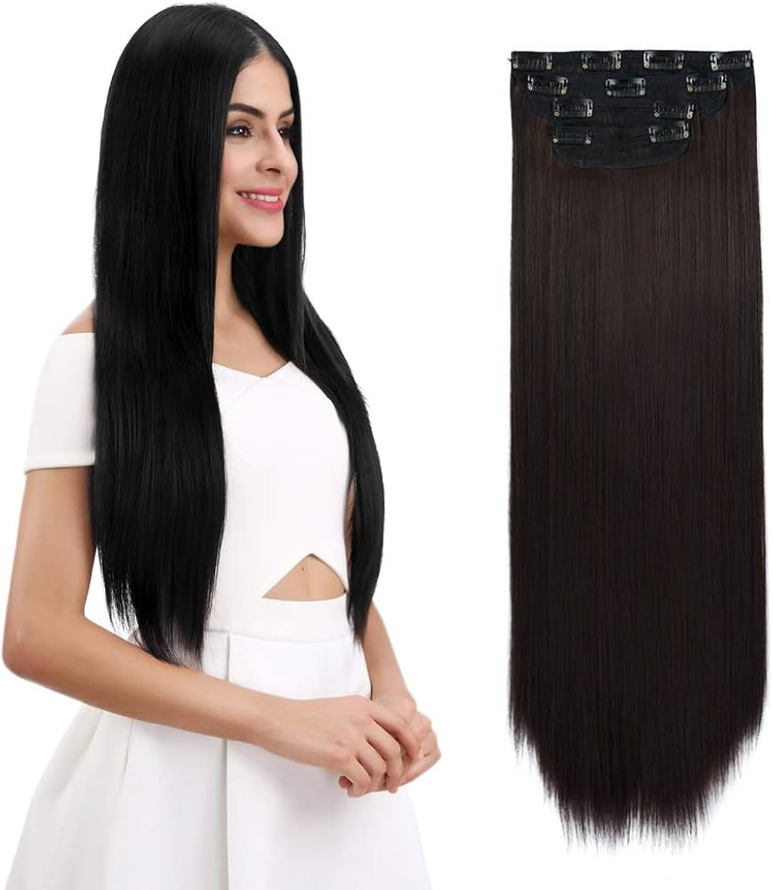 REECHO 24" Straight Long 4 PCS Set Thick Clip in on Hair Extensions Dark Brown with Little Reddis... | Amazon (US)