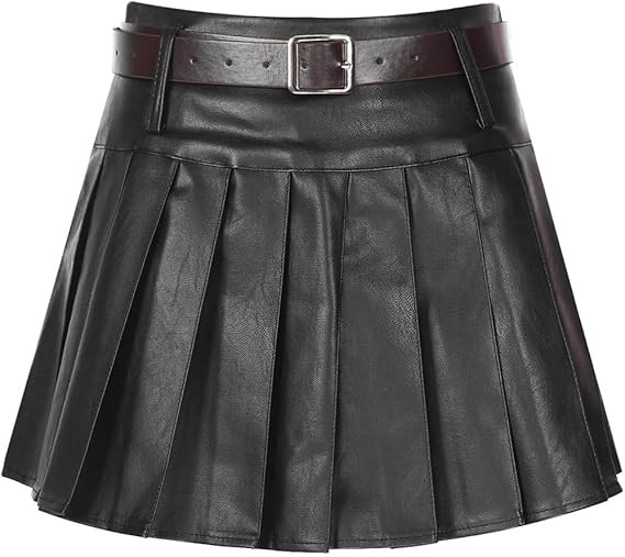 Womens Faux Leather Pleated Skirt Side Invisible Zipper High Waist Built-in Shorts Skirts with Ad... | Amazon (US)