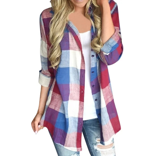 Women Loose Spring Long Sleeve Blouses Flannel Plaid Shirt | Walmart (US)