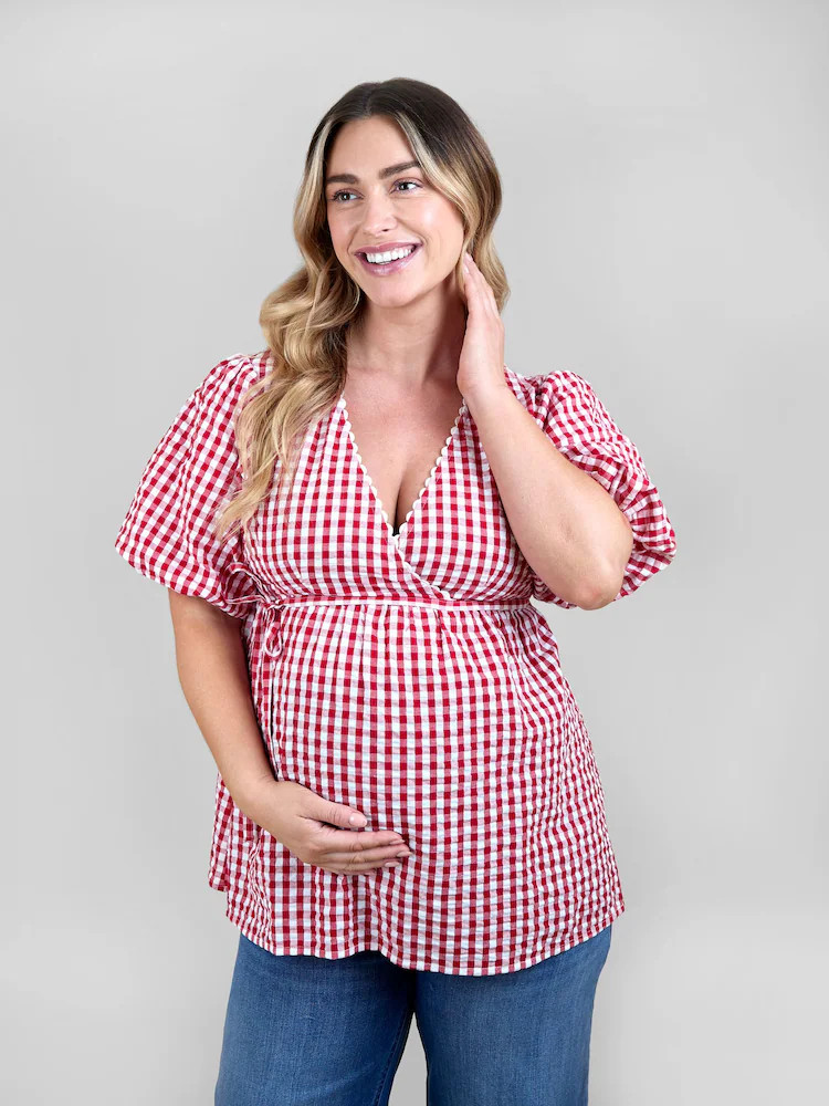 JoJo Maman Bébé Red Gingham Puff Sleeve Wrap Maternity Top | Next US