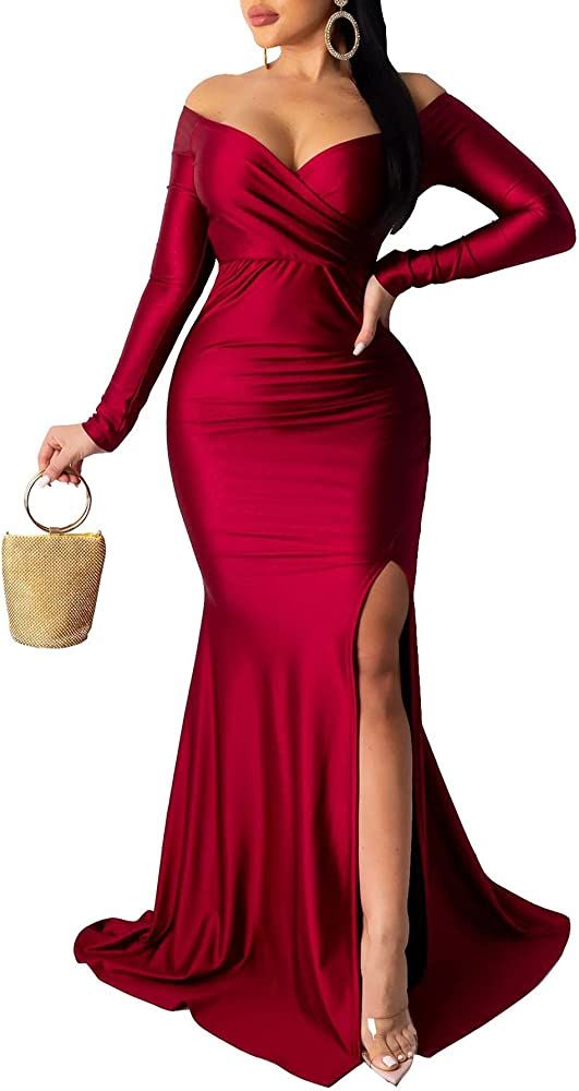 Vakkest Women's Summer Off Shoulder Maxi Dress Sexy V Neck Long Sleeve Gown Cocktail Mermaid Wedd... | Amazon (US)