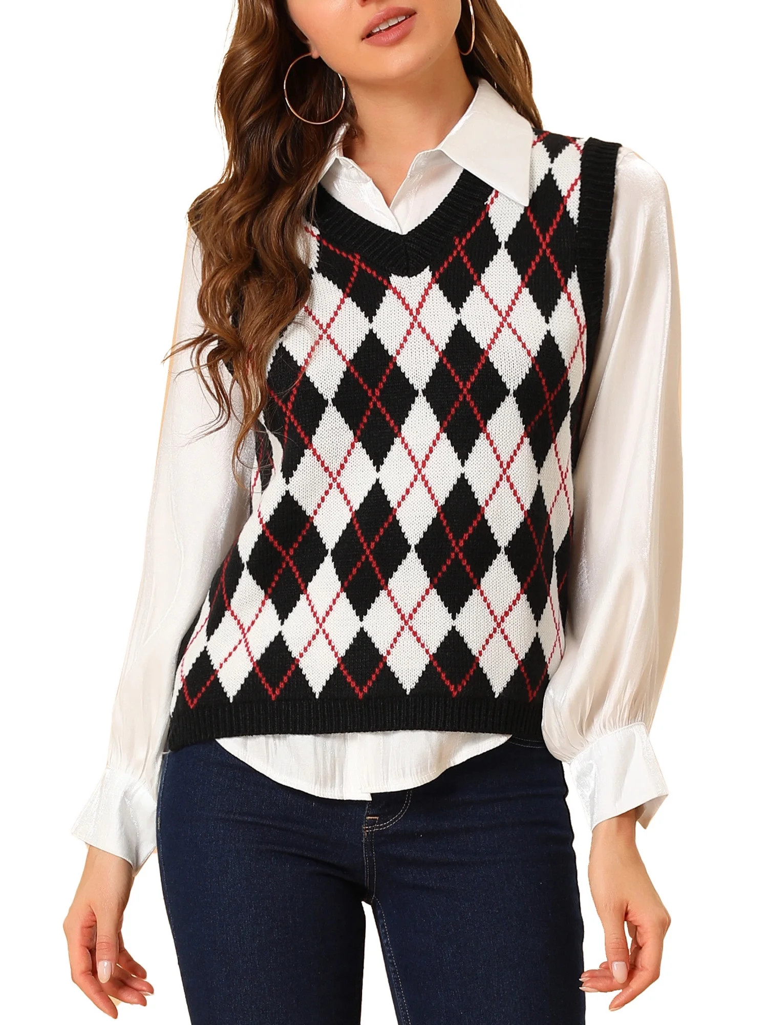 Allegra K Women's Plaid Knit Argyle Sweater Sleeveless Vest | Walmart (US)