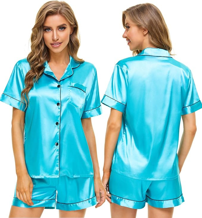 SWOMOG Womens Silk Satin Pajamas Set Two-piece Pj Sets Sleepwear Loungewear Button-Down Pj Sets | Amazon (US)