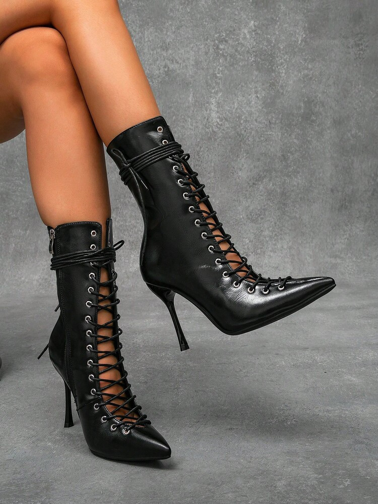 CUCCOO SZL Women's Lace-Up Black High Heel Mid-Calf Boots For Christmas Spring Shoes Fall Shoes | SHEIN