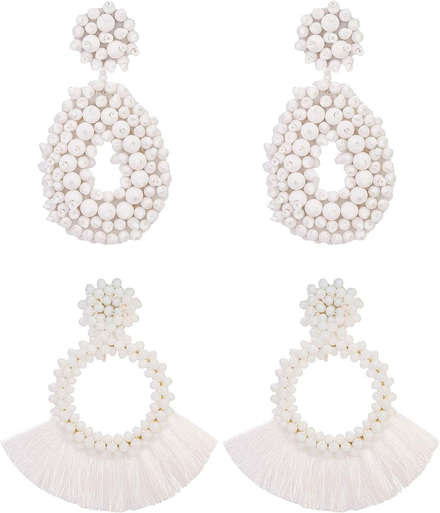 YOVORO 2 Statement Drop Earrings for Women Girls Bohemian Beaded Hoop Dangle Earrings Tassel Handmad | Amazon (US)