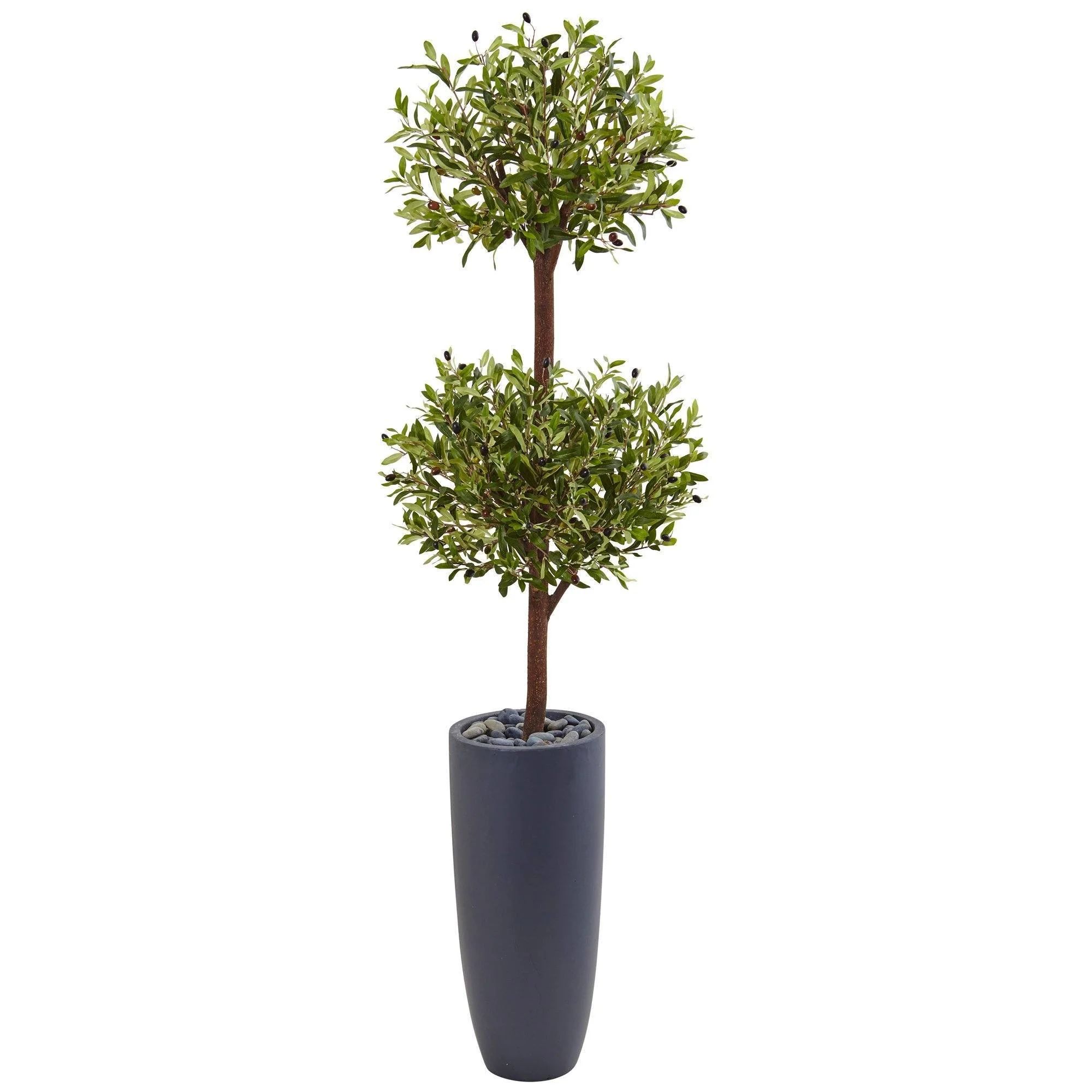 6’ Olive Double Tree in Gray Cylinder Planter | Nearly Natural