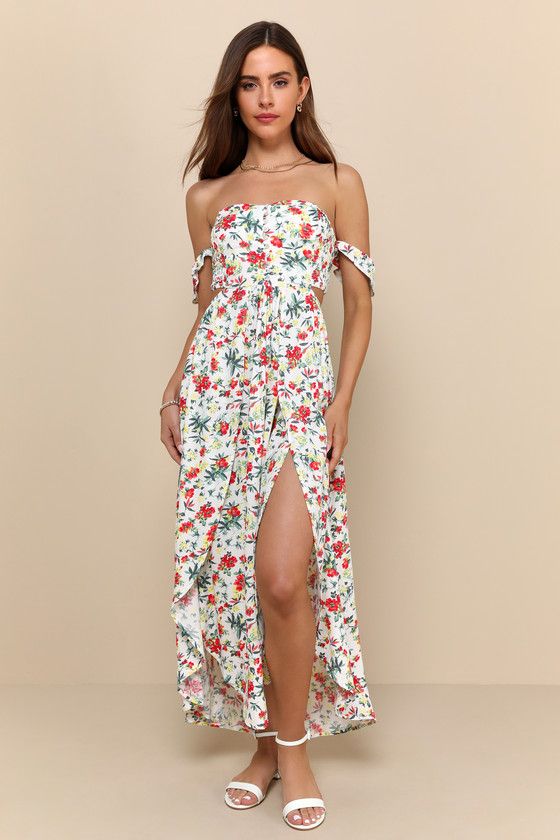 Easy on the Eyes Cream Floral Print Off-the-Shoulder Maxi Dress | Lulus