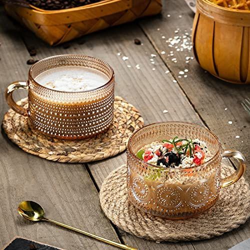 Gezzeny Vintage Coffee Mugs, Glass Coffee Mugs 14 Oz Set of 2 Amber Embossed Glass Cups, Tea Cups... | Amazon (US)