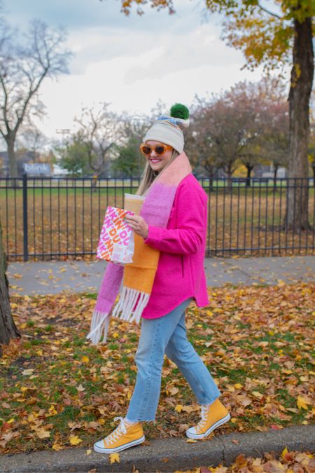 High top sneakers with straight leg jeans. Pink shacket. Colorful scarf and beanie. 

#LTKSeasonal #LTKshoecrush
