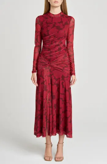 WAYF Selene Floral Ruched Long Sleeve Mesh Dress in Scarlet Roses at Nordstrom Rack, Size Medium | Nordstrom Rack
