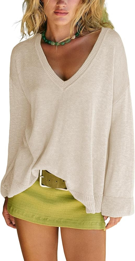 Dqbeng Womens V Neck Oversized Sweater Lightweight Long Sleeve Drop Shoulder Casual Loose Ribbed ... | Amazon (US)