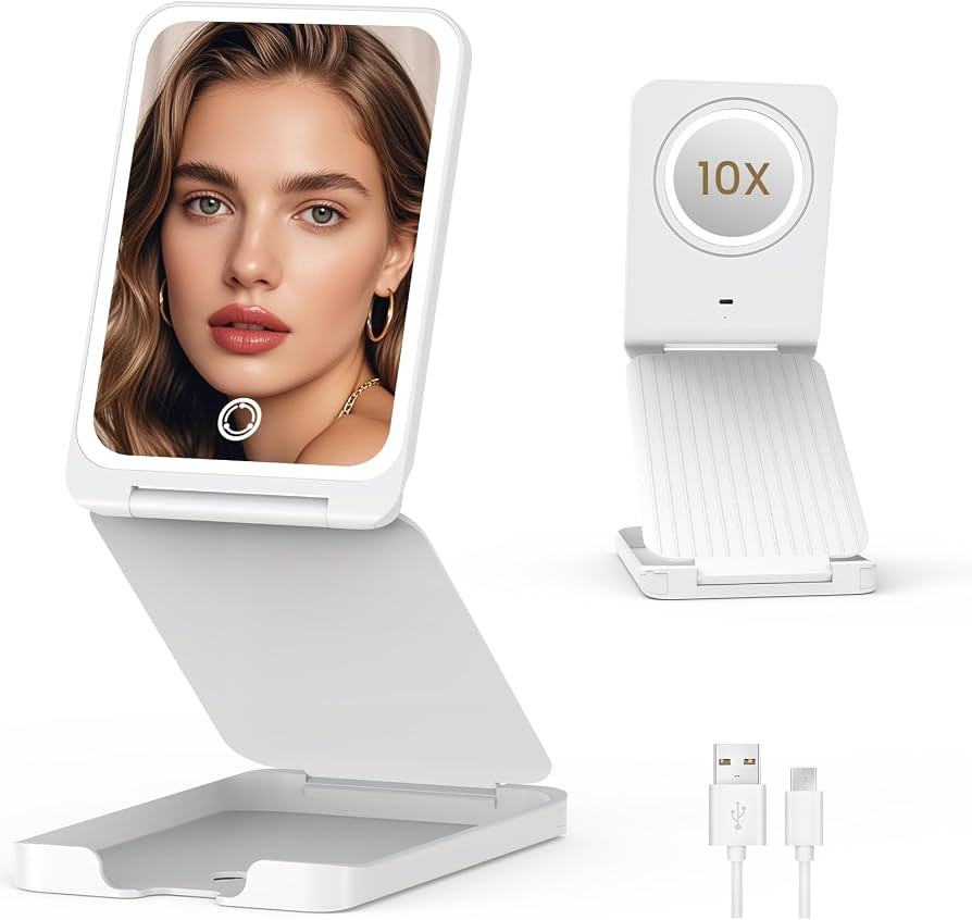 Travel Makeup Mirror with Lights, Foldable 1X Vanity Lighted Mirror with 10X Magnification, Recha... | Amazon (US)