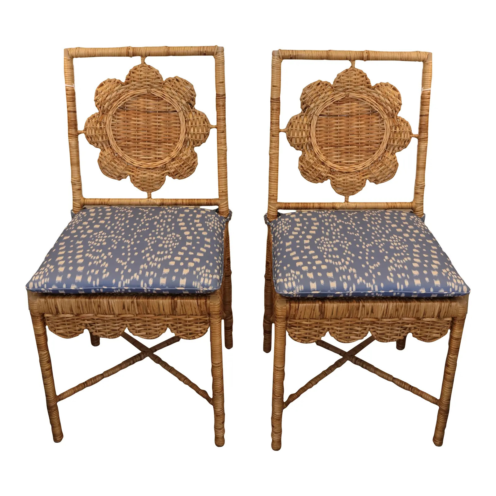 Pair of Rattan Daisy Chairs With Brunschwig & Fils Les Touches Reverse Seat Cushion | Chairish