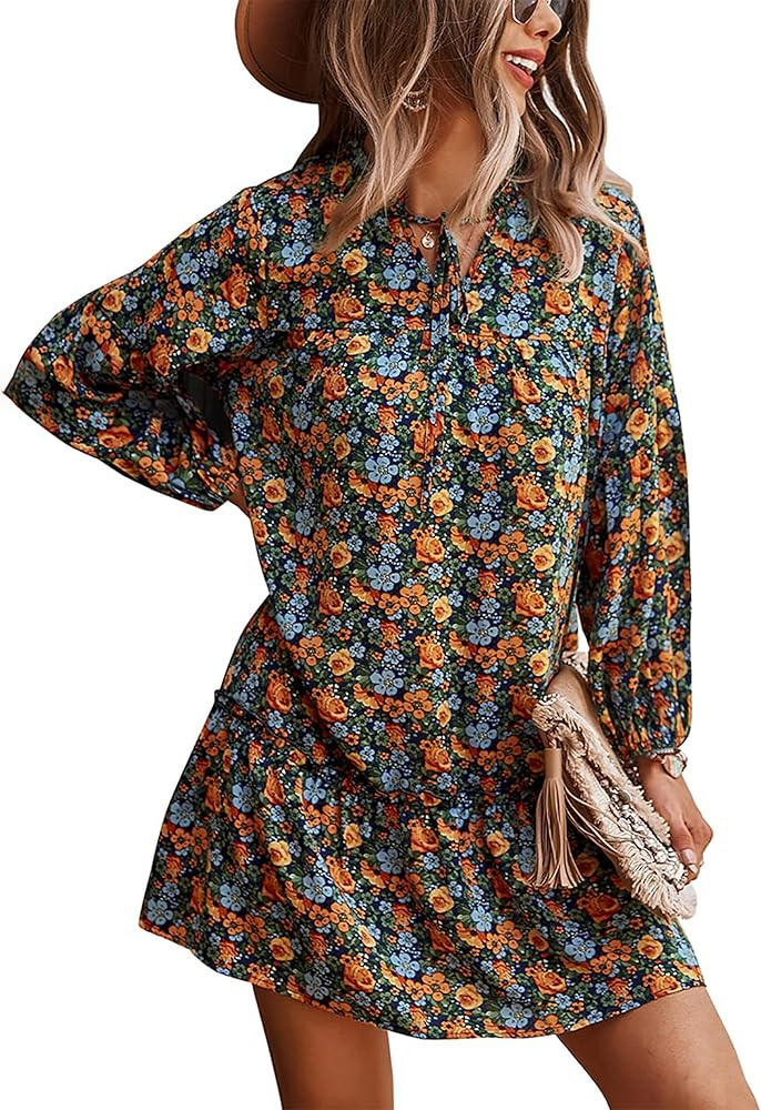 Womens Fall Dresses 2023 Long Sleeve Tunic Ruffle Leopard Floral Print Boho Casual Loose Swing Mi... | Amazon (US)