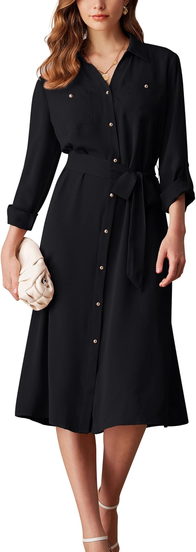 GRACE KARIN Women's Long Sleeve Button Down Shirt Dress Casual Loose Tie Waist Adjustable Sleeve ... | Amazon (US)