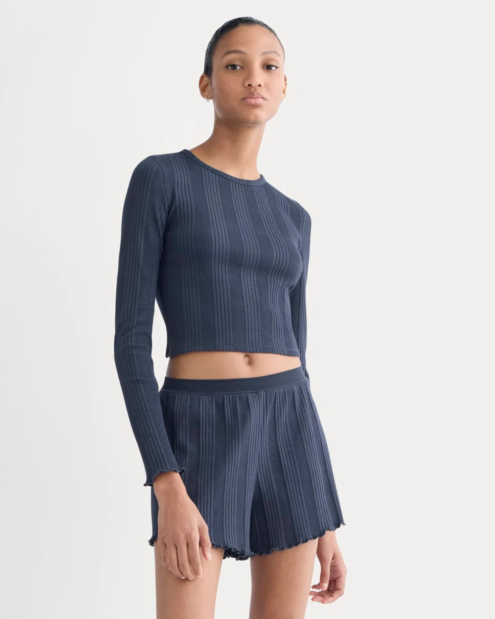 Everlane Lounge Rib Cropped Shirt | Navy | M | Cotton | Everlane