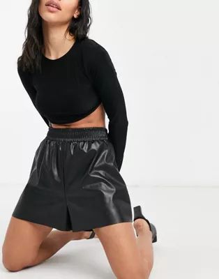 ASOS DESIGN leather look short with shirred waistband in black | ASOS | ASOS (Global)