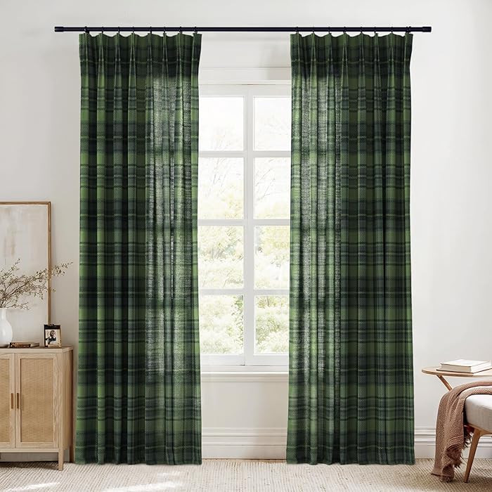 TWOPAGES Pinch Pleated Plaid Curtain 102 Inch Long Light Filtering Privacy Drape Linen Textured T... | Amazon (US)