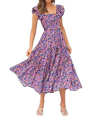 DOROSE Women's Summer Floral Dress Square Neck Smocked Boho Midi Dress Ruffle Tie Back Flowy Beac... | Amazon (US)