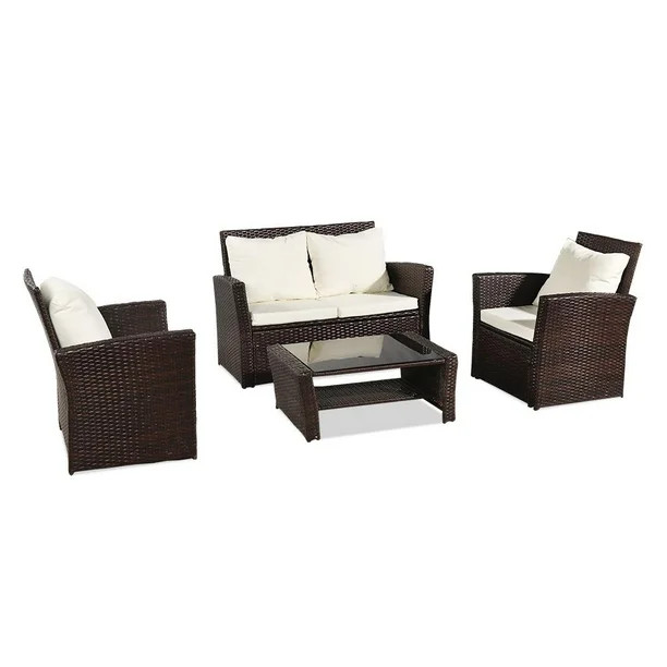 Oshion 4 PCS Outdoor Patio Rattan Wicker Furniture Set Table Sofa With Cushions | Walmart (US)