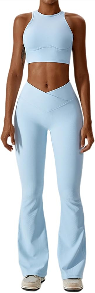 ABOCIW Workout Sets for Women 2 Piece Ribbed Lace Up Back Sports Bra Crossover High Waist Flare L... | Amazon (US)