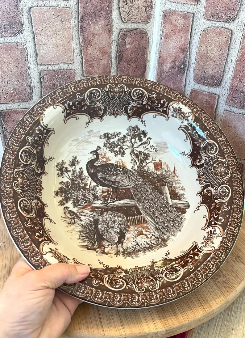 Staffordshire Brown & White Ceramic Transferware Peacock Pattern Large Serving Bowl *Free shippin... | Etsy (US)