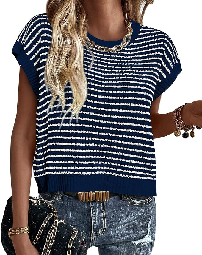 PRETTYGARDEN Womens Short Sleeve Sweater Spring Summer 2025 Round Neck Striped Pullover Cap Sleev... | Amazon (US)