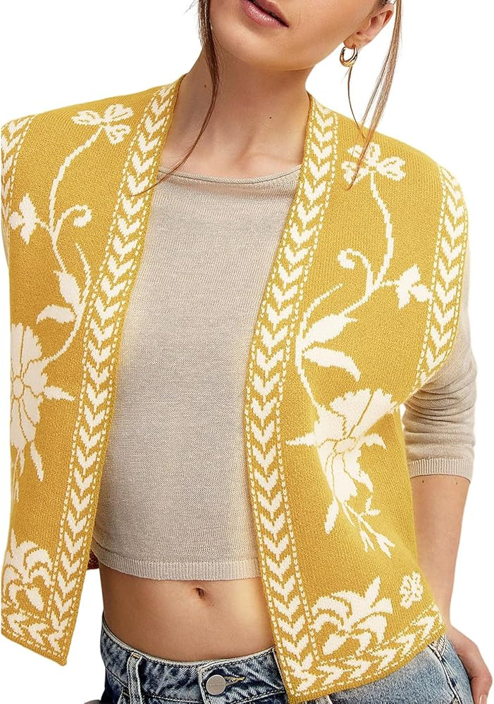Yimoon Women's Floral Knit Embroidered Vest Y2K Sleeveless Open Front Cardigan Cropped Sweater Ve... | Amazon (US)