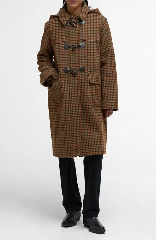 Barbour Melody Houndstooth Check Wool Blend Duffle Coat in Brown/tartan at Nordstrom, Size 14 Us | Nordstrom
