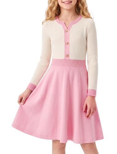 HOZIY Girls Dress Size 10-12 Teen Long Sleeve Fall School Pink Sweater Vestidos para Niñas V Neck Knit Button A Line Church Contrast Outfits Casual Holiday Winter Tween Dresses | Amazon (US)