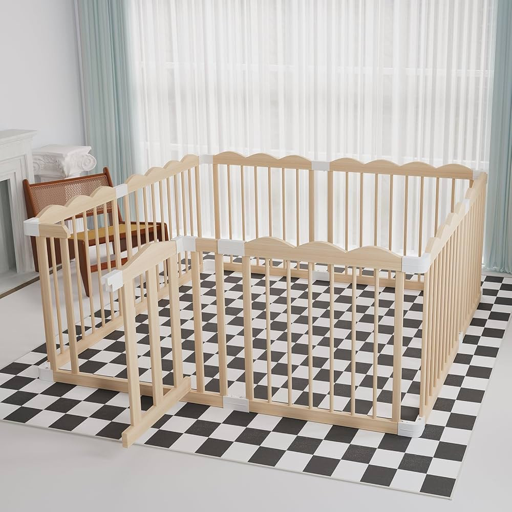 Baby Playpen, Wooden Playpen for Babies and Toddlers, Large Adjustable Wooden Baby Playard with L... | Amazon (US)
