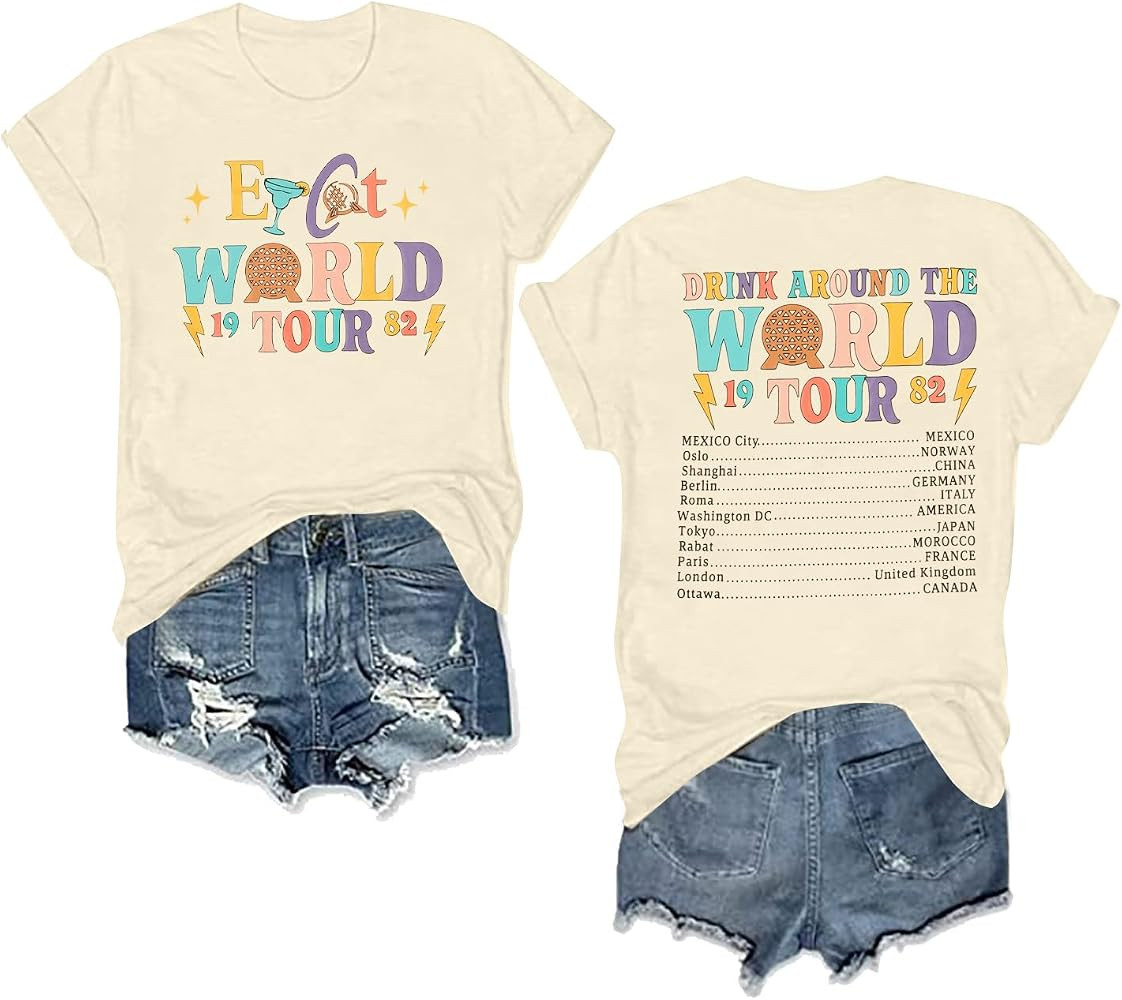 Around The World Shirt Women Magic World Tour 1982 Graphic Tee Funny Traveler Vacation Short Slee... | Amazon (US)