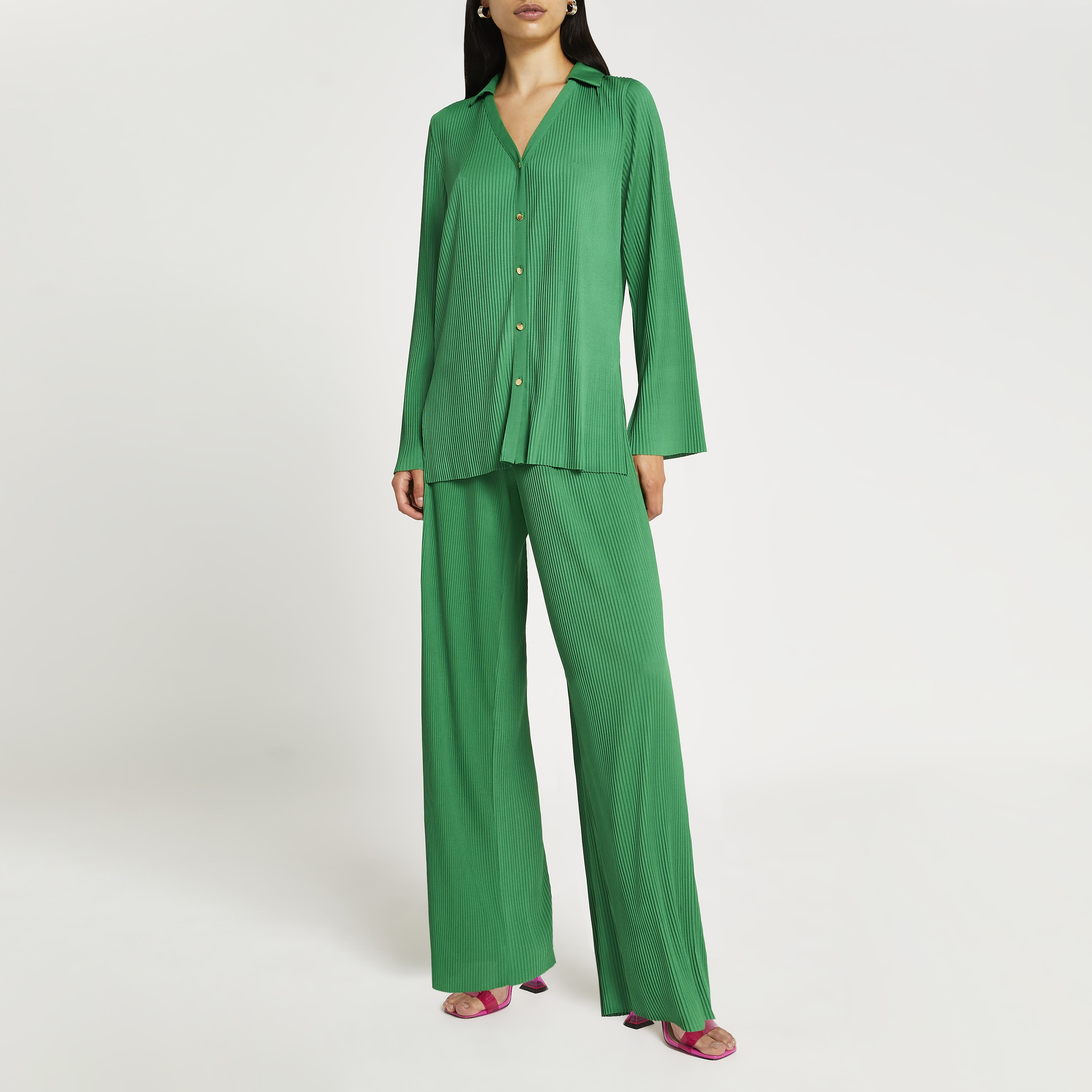 River Island Womens Green plisse wide leg trousers | River Island (UK & IE)