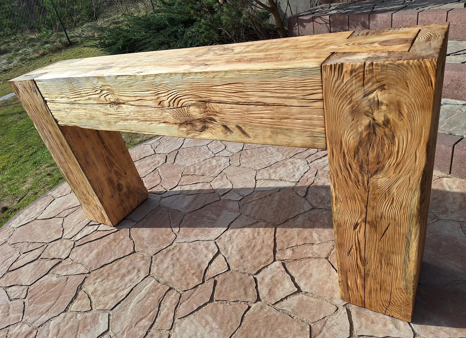Console table made of old solid wood beams joined in dovetail. Rustic style. Modern barn farm house. Handmade. Entry Way Table. Dovetail. 

 #LTKOver40 #LTKHome