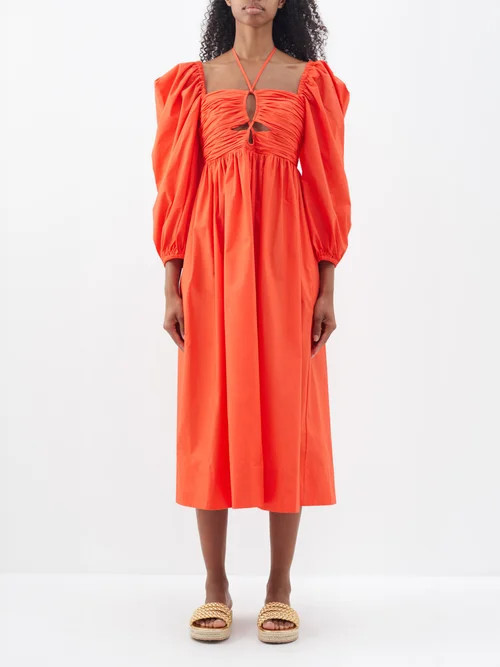 Ulla Johnson - Alessa Ruched-bodice Cotton-poplin Midi Dress - Womens - Coral | Matches (US)