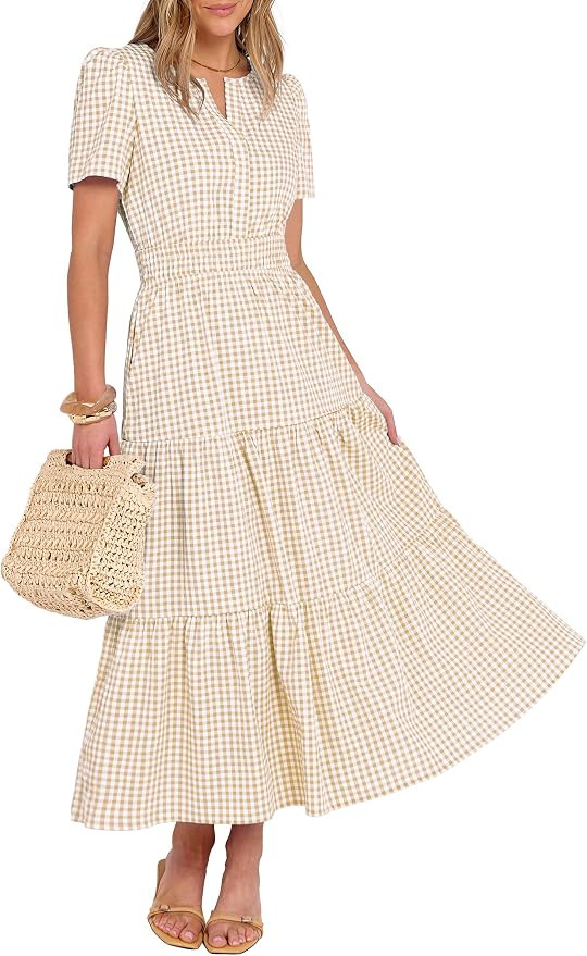 Caracilia Women's Summer Short Sleeve V-Neck Maxi Dress, Gingham & Striped Fabric, Casual A-Line ... | Amazon (US)