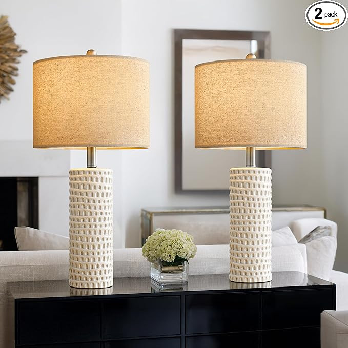 PORTRES 24" Farmhouse Ceramic Table Lamp Set of 2 for Bedroom Living Room White Desk Decor Bedsid... | Amazon (US)