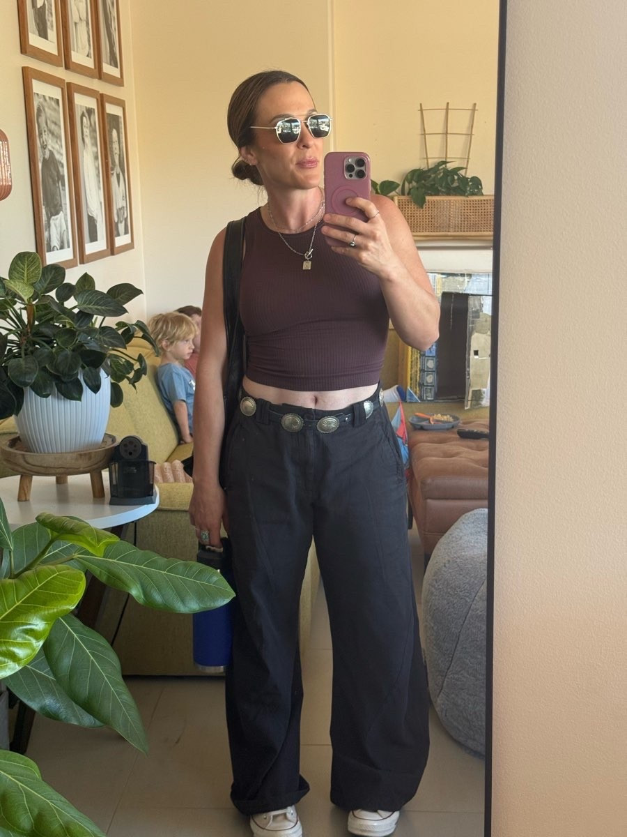 These Chino barrel pants are SO comfy and you won’t find a softer tank. The belt is vintage 80s from my mom but I linked some fun affordable cute options!