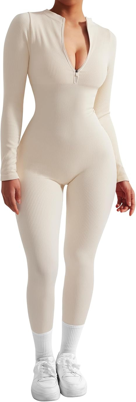 SUUKSESS Women Long Sleeve Ribbed Jumpsuit Zip up Front Workout Bodycon Romper | Amazon (US)