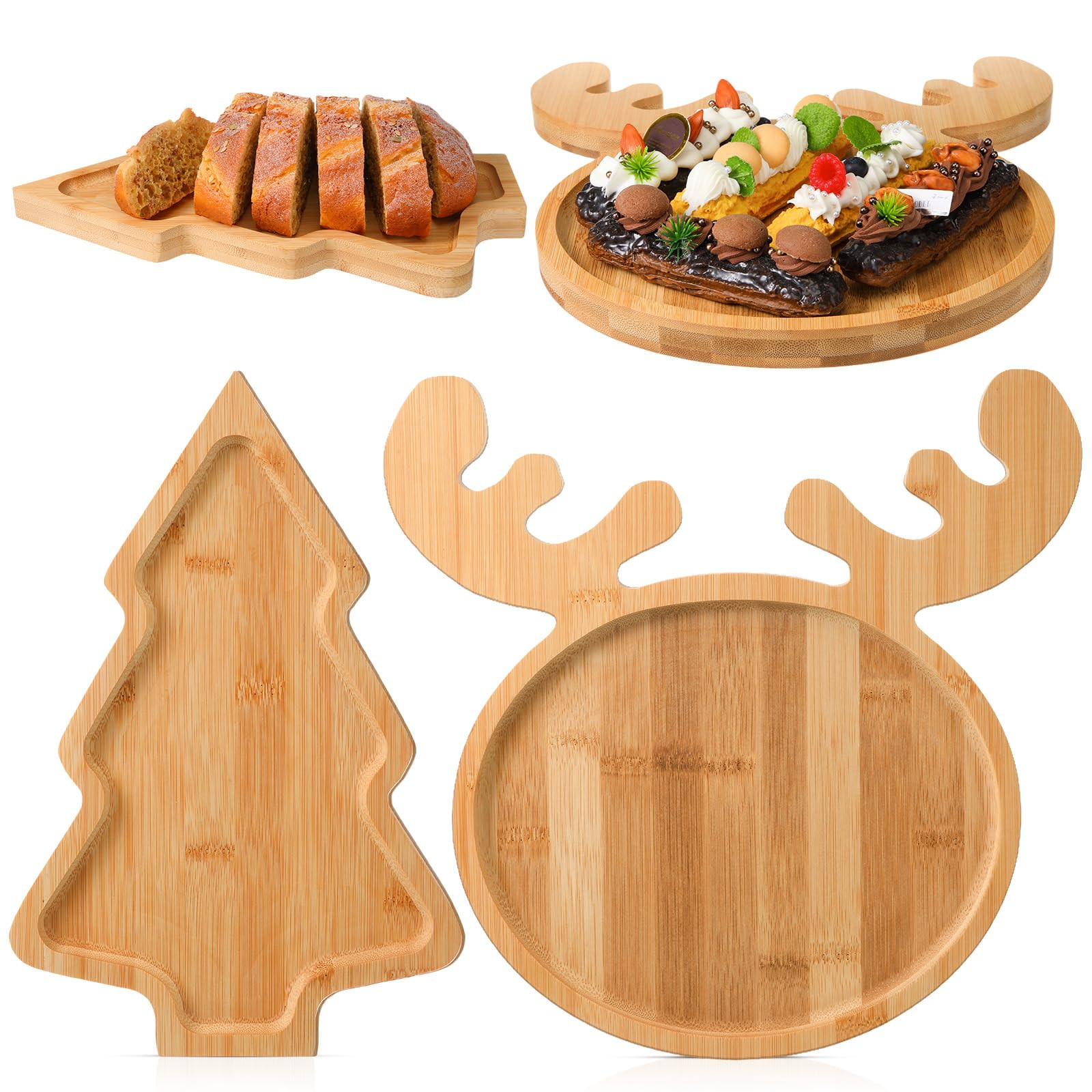 Sintuff 2 Pcs Christmas Tree Shaped Dish and Elk Shaped Bamboo Serving Tray Natural Wooden Snack Pla | Amazon (US)