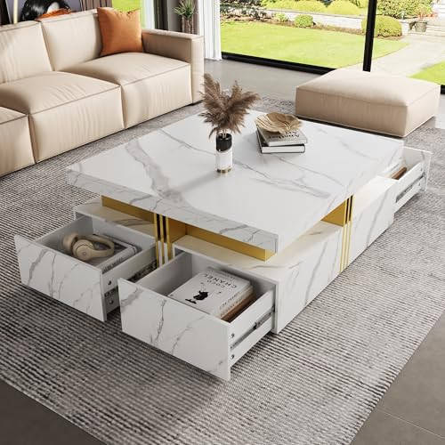 Modern White Square Coffee Table, 43.3" Luxury Marble Textured Center Table with 4 Drawers and Suspended Base for Living Room | Amazon (US)